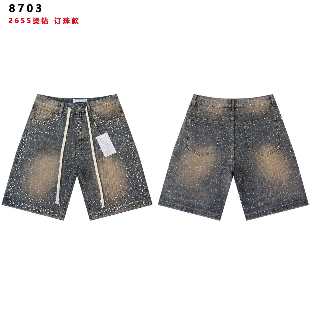 VALE Pearl-Studded Washed Denim Shorts